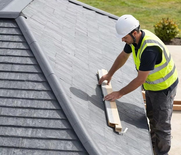 Worker in safety gear installing shingles on a sloped roof.