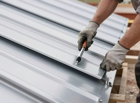 Worker installing metal roofing sheets with a tool.