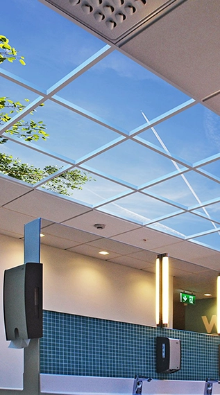 Ceiling with skylight and view of blue sky and airplane contrail.